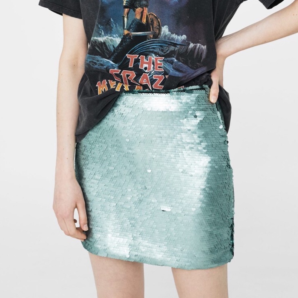 NWT Mango MNG Sequin Mini Skirt green blue medium